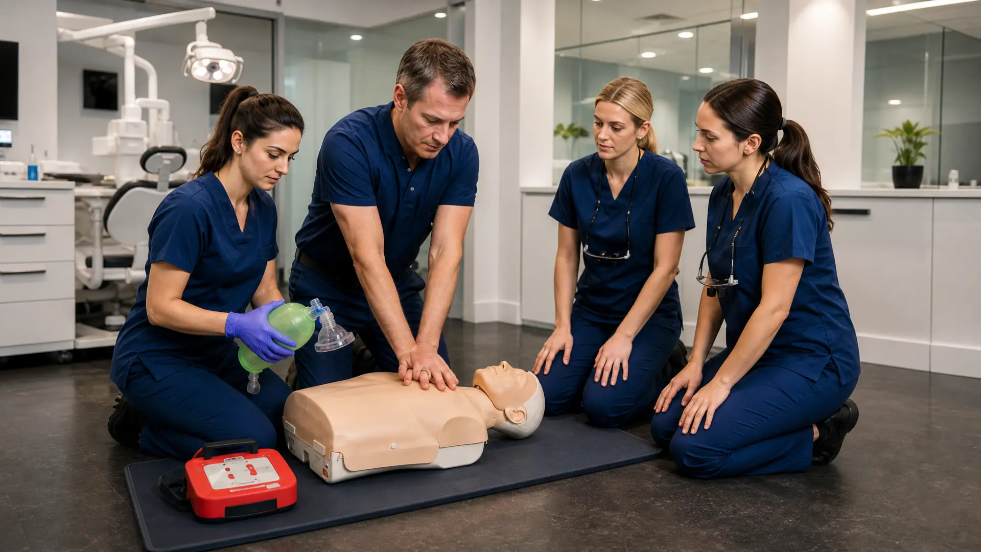 Clinical staff practicing CPR on a manikin during an onsite training session